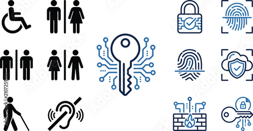 Set of accessibility signage icons and digital security symbols including biometric fingerprint and firewall keys