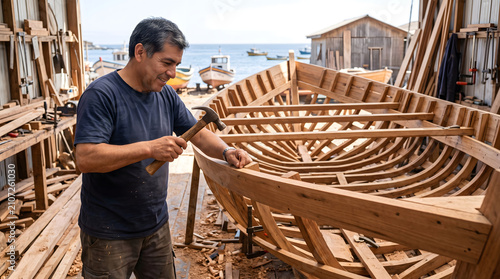 Carpenter building wooden boat frame in workshop