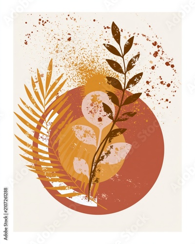 Abstract Botanical Autumn Poster with Terracotta Leaves and Grunge Texture