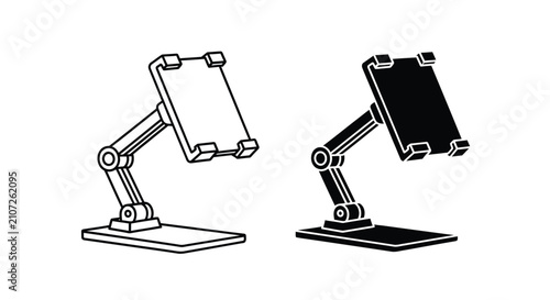 Adjustable tablet stand with articulated arm depicted as a black silhouette holder support flexible device digital electronic