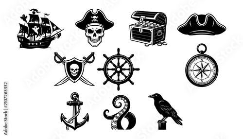 Fotografía Anchor Skull Pirate Hat Compass Wheel Raven Sword Nautical Icons Set in Black Si
