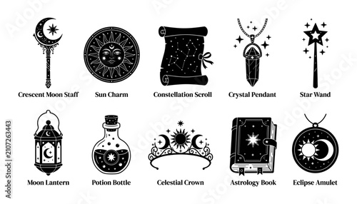 Canvas Print Astrology Icons Set with Moon Staff Sun Charm Constellation Scroll Crystal Penda