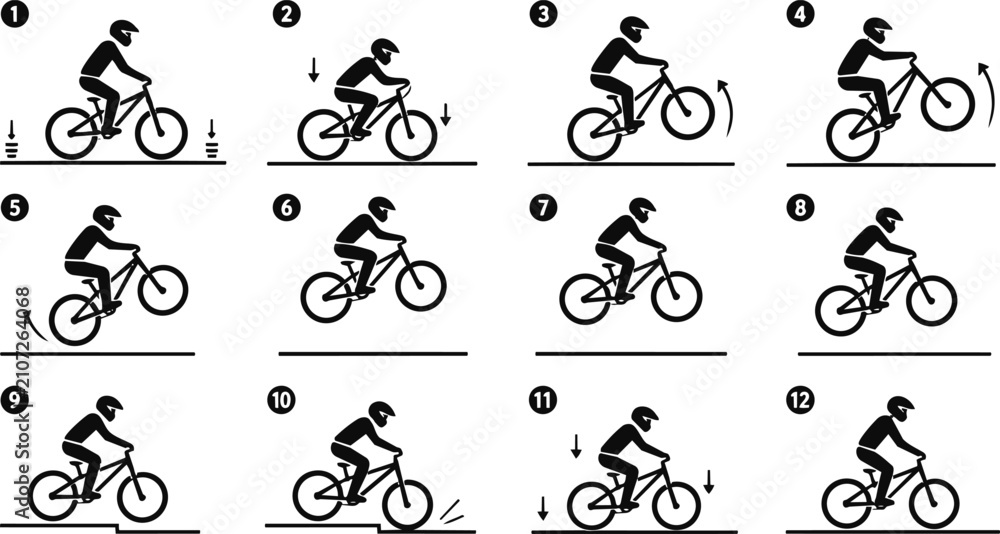 Obraz premium Cyclist Bicycle Riding Techniques Black Silhouette Icons Set