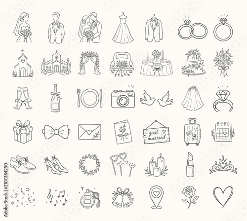 Wedding Ceremony Outline Icon Collection with Bride Groom Rings Church Reception and Bridal Event Symbols