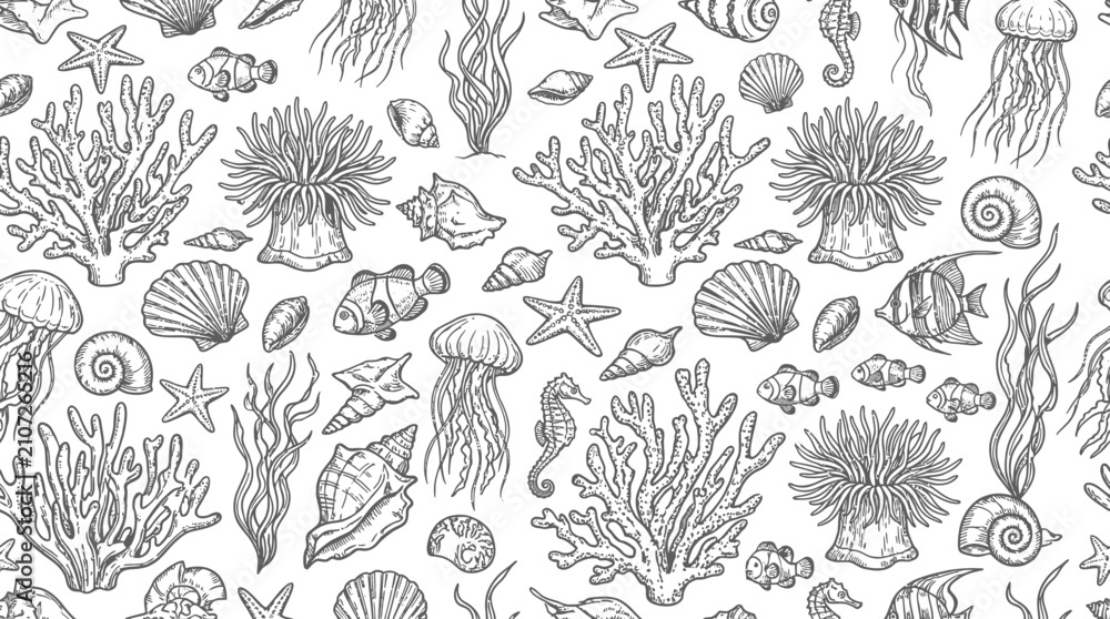 Fototapeta premium Hand drawn seamless pattern of underwater marine life and corals