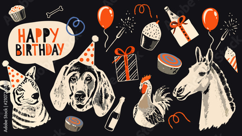 Foto Animal birthday celebration illustration featuring a zebra basset hound chicken