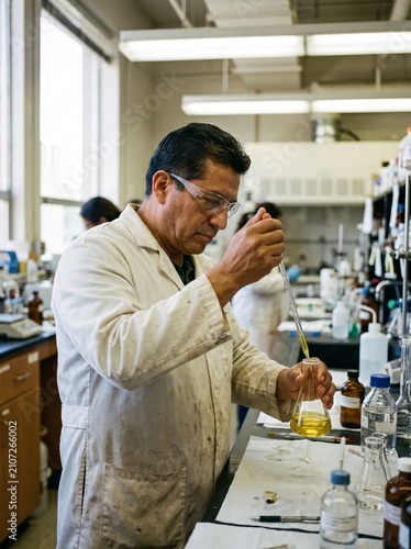 Hispanic Man Measuring Liquid Compound with Pipette in Lab