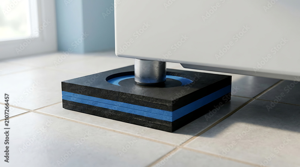 Fototapeta premium Black and blue rubber vibration dampening pad under a white appliance leg on a tiled floor