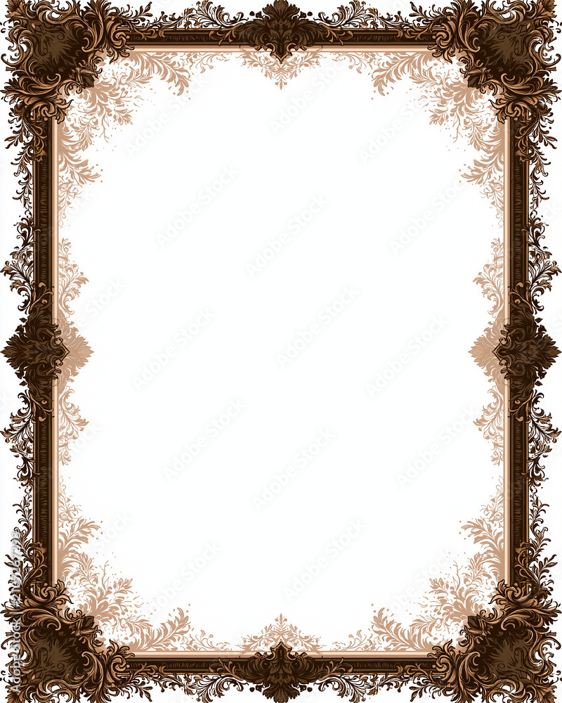 An ornate floral ornament with a rectangular shape features a detailed brown and beige color scheme pattern decorative scrollwork