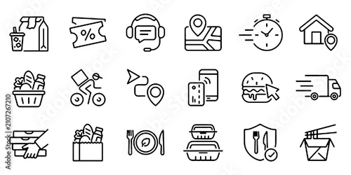 Fotografie Collection of delivery line icons, including courier, restaurant, food, fast food, scooter, deliver, menu, grocery, take away