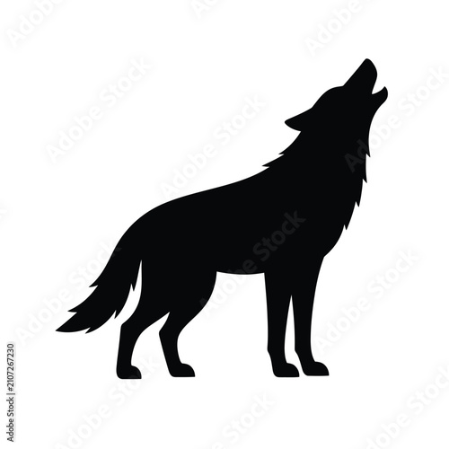 Canvas Print Black silhouette of a wolf howling at the moon, an iconic animal symbol against
