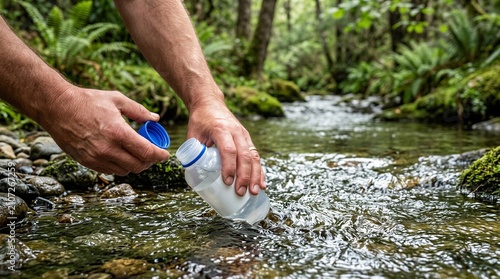 Environmental Water Sampling Concept, Hands Collecting River Water Sample in Plastic Bottle from Forest Stream
