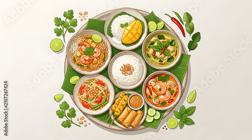 Traditional Thai Cuisine Assortment Featuring Pad Thai Tom Yum and Mango Sticky Rice