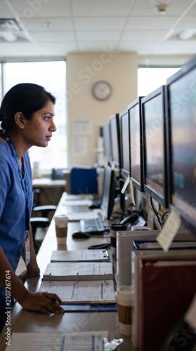 South Asian Nurse Glancing at Patient Monitoring Dashboard
