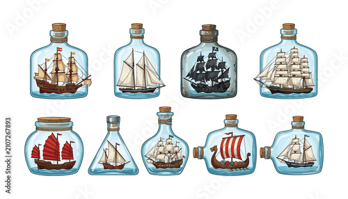 Vintage ship in a bottle vector collection featuring pirate ships sailing boats viking vessels and junk ships in glass jars