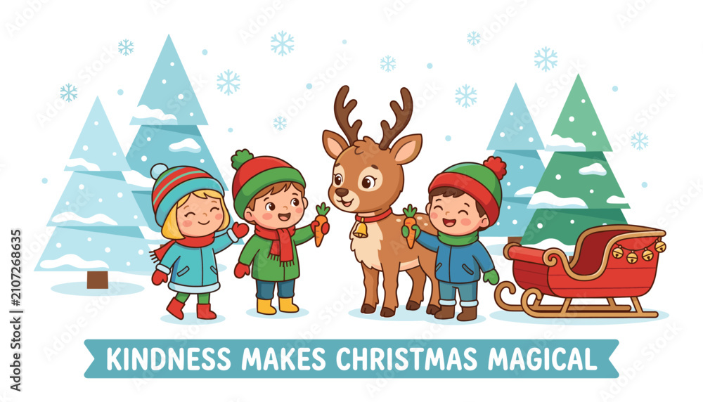 Naklejka premium Children feeding a cute reindeer with carrots in a snowy winter forest with christmas trees and a red sleigh, festive holiday illustration