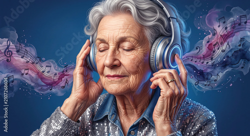 Elderly Woman Listening to Music on Headphones with Colorful Waves