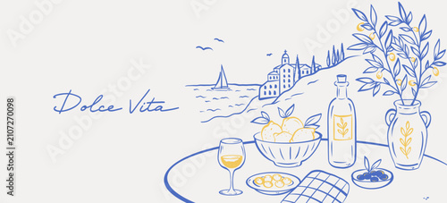 Dolce vita sketch style. Hand drawn in italian food illustrations on table. Vector Illustration mediterranean print.