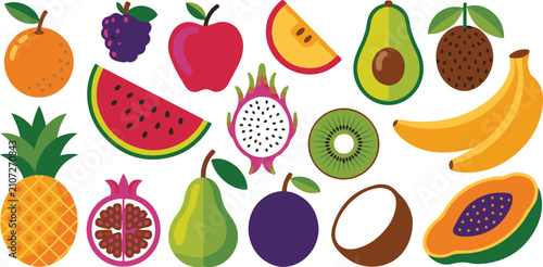 Vászonkép Colorful fruit icons, fresh tropical and healthy food graphics for packaging men