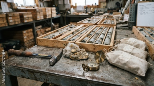 Gold ore, drill core boxes, assay sample bags, geological hammer, and brass compass on a weathered steel table for reserve growth and exploration.