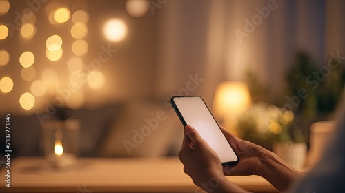 Hand holding a smartphone in a softly lit living room, mobile communication, connected home, digital lifestyle, evening technology, online access
