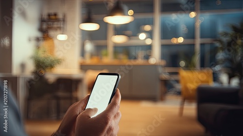 Hand holding a smartphone with a blank screen in a modern office, mobile app mockup, digital advertising, business technology, copy space