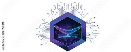 Quadro su tela Hexagonal digital cube design with integrated circuitry lines connected for data processing concept