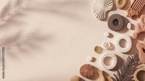 Beige copy space framed by seashells and coastal ornaments, summer flat lay, beach branding, natural texture, elegant graphic background