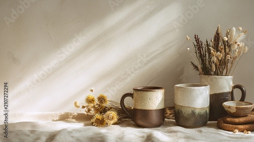 Ceramic cups and dried flowers on a table in soft sunlight, cozy home decor, peaceful morning, warm neutral styling, calm lifestyle