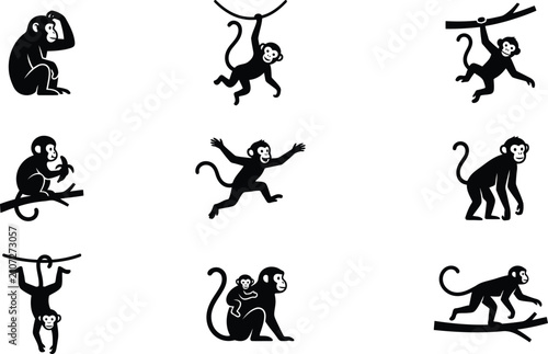 Photography Monkey black silhouette icons set featuring playful primates swinging from vines eating bananas leaping sitting and mother carrying baby vector templates