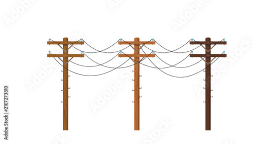Wooden utility poles with electric power lines transmission cables and telephone wires vector illustration isolated on white background