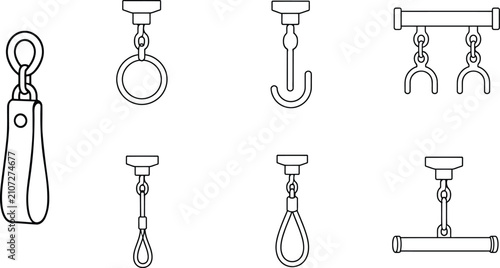 Foto Metal ceiling hook and hand grip icon set for fitness equipment and industrial h