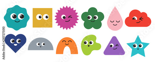 Cute geometric shapes with faces, 12 colorful cartoon character icons, playful educational vector set for kids learning and nursery decor