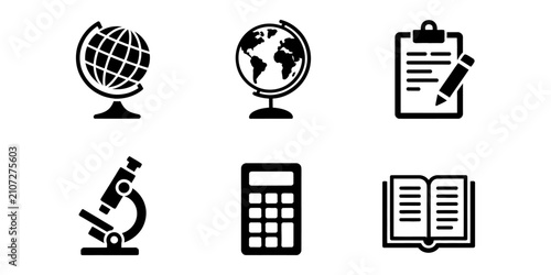 Set of black education and science icons featuring globes, a clipboard, a microscope, a calculator, and an open book for school and study Vector, illustration