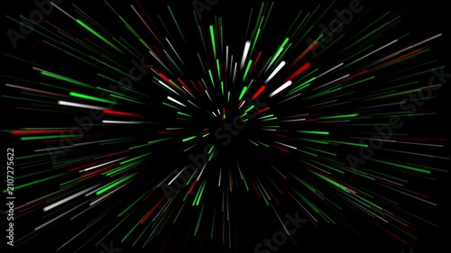 Abstract hyperspace warp speed effect with red, green, and white light streaks background