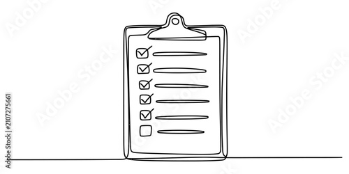 Continuous single line drawing of a clipboard with a checklist of tasks and completed check marks for business planning and office productivity Vector, illustration