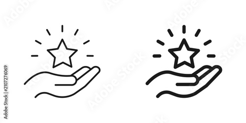 Hand holding star icon set representing premium quality rating achievement and customer satisfaction vector illustration