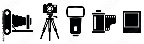 Photography equipment icons set. Vintage and modern camera gear concept. Includes folding camera, camera on tripod, flash, film roll, instant photo frame. Solid black silhouette style