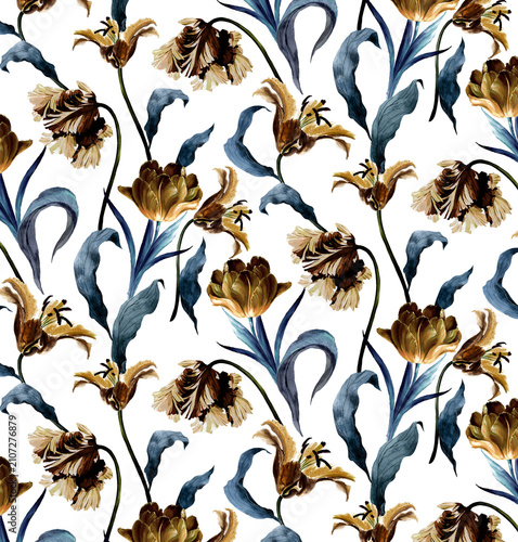 Seamless floral pattern with vintage hand-drawn bronze tulips and blue leaves on white background for digital textile print
