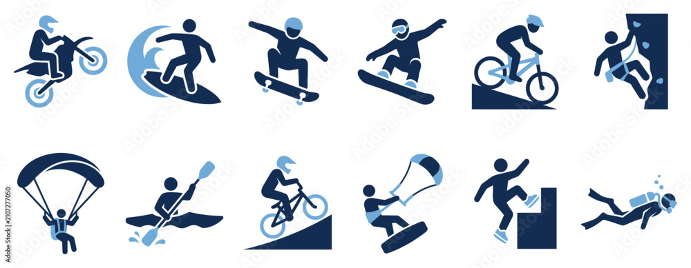 Obraz premium Extreme sports icons set. Adventure and outdoor activities concept. Includes motocross rider, surfer, skateboarder, snowboarder, mountain biker, rock climber, parachutist, kayaker, BMX