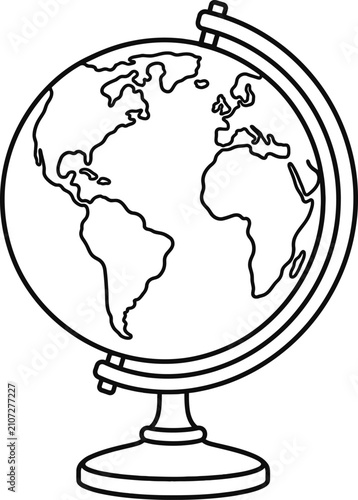 A simple outline drawing of a desktop globe showing the continents of the world