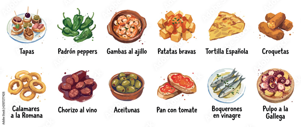 Fototapeta premium Spanish tapas icons set. Traditional Spanish cuisine and food concept. Includes tapas, Padrón peppers, gambas al ajillo, patatas bravas, tortilla Española, croquetas. Hand-drawn watercolor