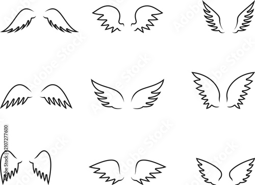 Angel wings icon set vector sketch outline drawings collection isolated on white background feathers