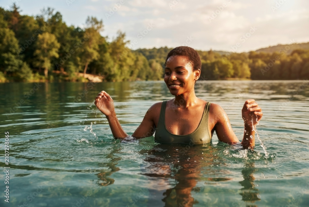 Fototapeta premium Happy Smiling Black Woman Swimming and Splashing Water in Natural Lake or River