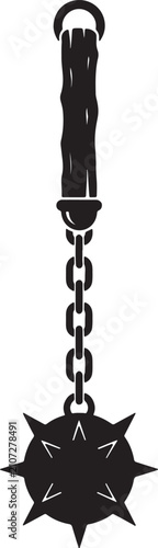 Bild auf Leinwand Medieval flail mace vector silhouette featuring spiked ball and chain with wooden handle and leather texture
