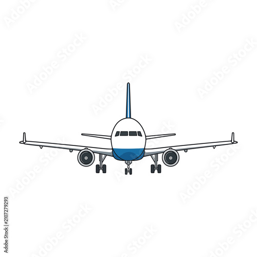 Front view illustration of commercial airplane with transparent background