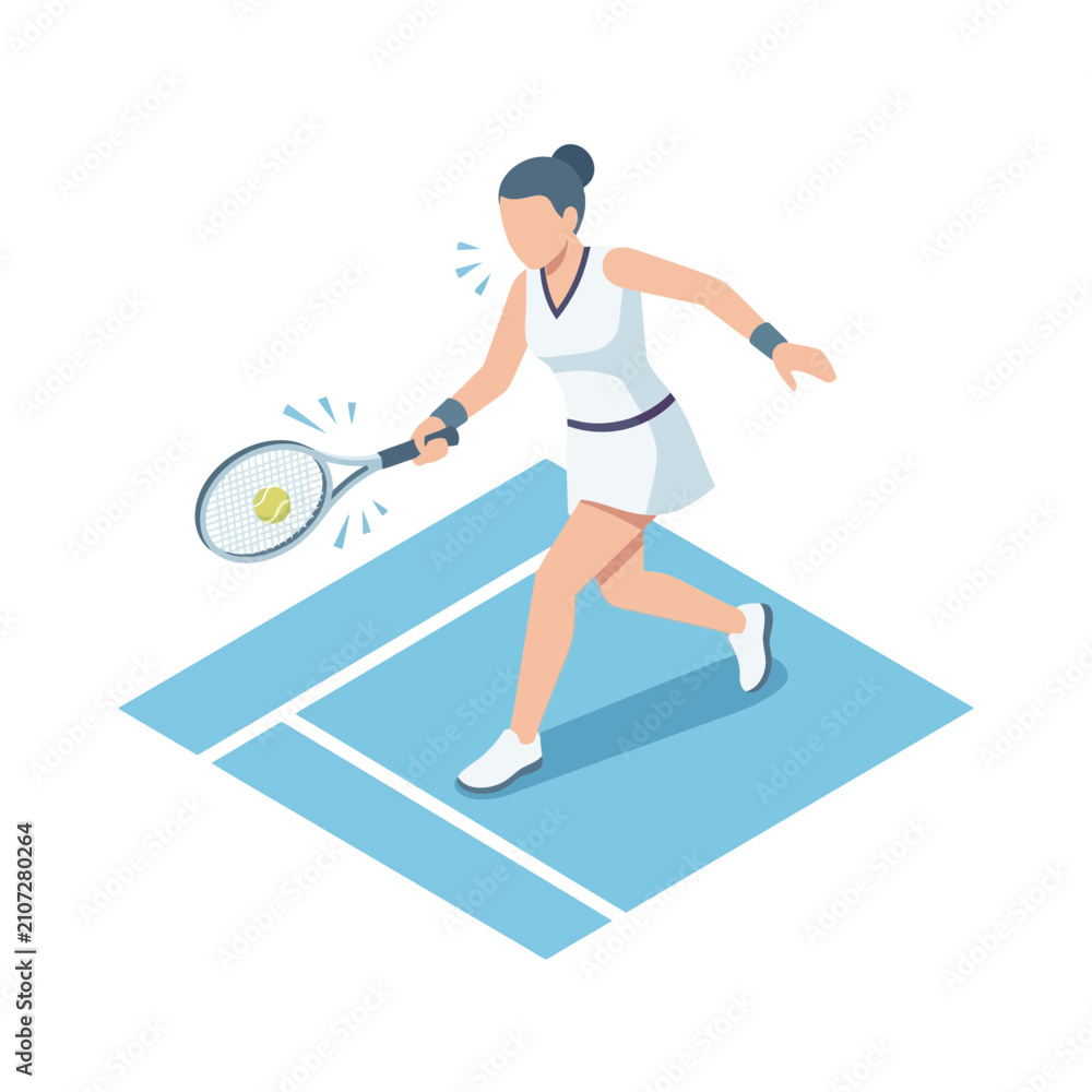 Obraz premium Woman playing tennis on a court, isometric illustration