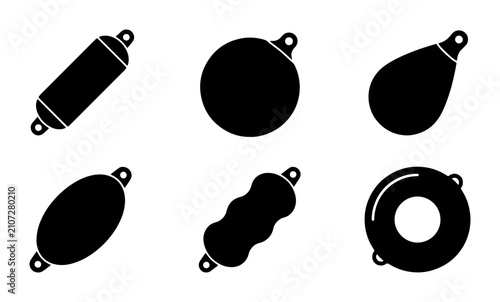 Bild auf Leinwand Set of 6 Black Fishing Floats, Buoys, Bobbers, Fishing Tackle, Nautical Gear, Wa