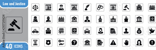 Cuadro en lienzo Law and Justice solid icon set vector for legal court and judiciary with court j