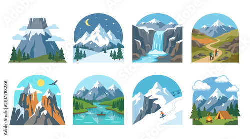 Set of flat vector cartoon mountain landscapes with snow peaks, camping, skiing, hiking, and river adventure badges